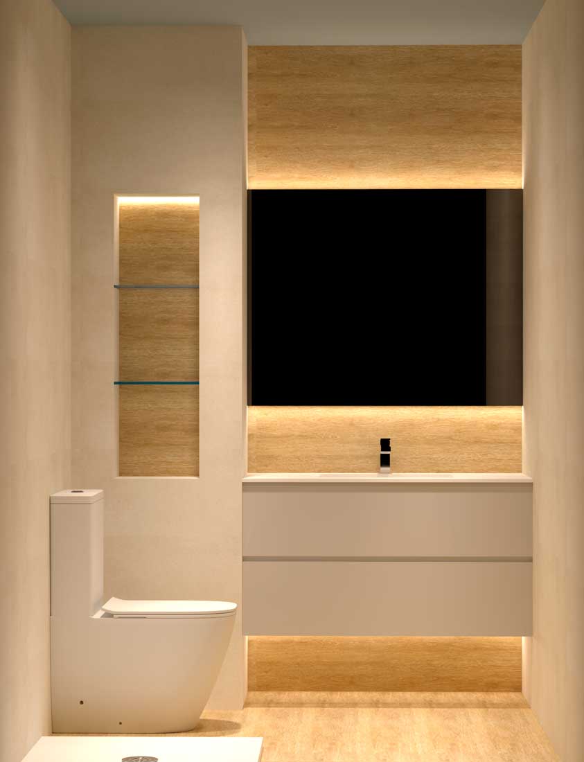 Imagen 3D renderizada de proyecto de baño Forneiro